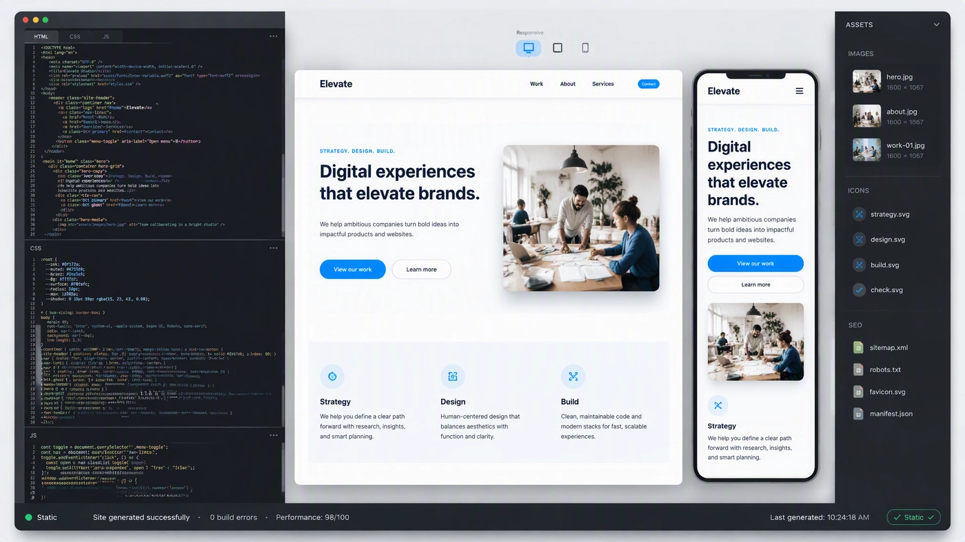 MuseWork が本番利用可能なウェブサイトコードを生成している様子