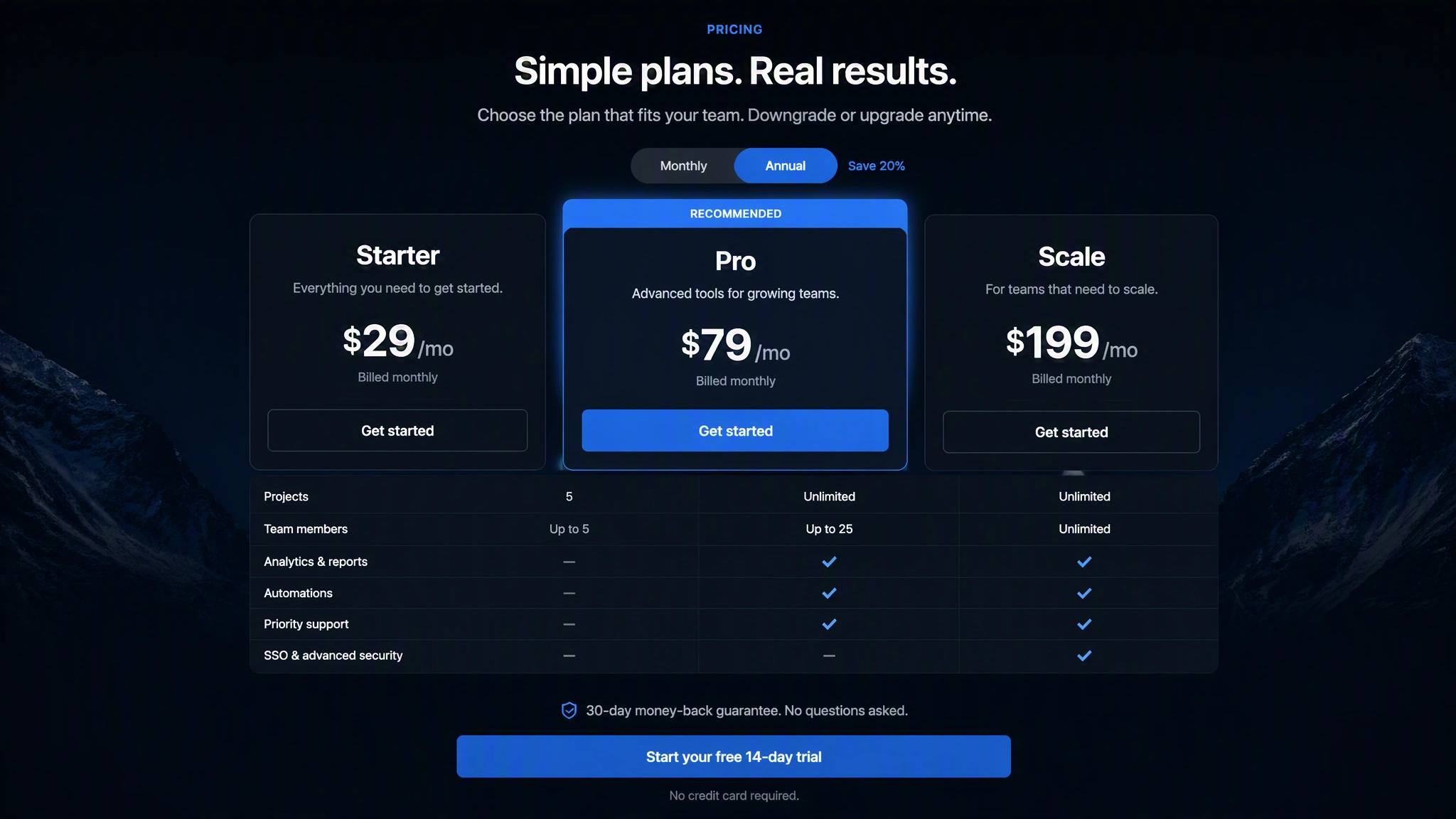 Landing page pricing section variant